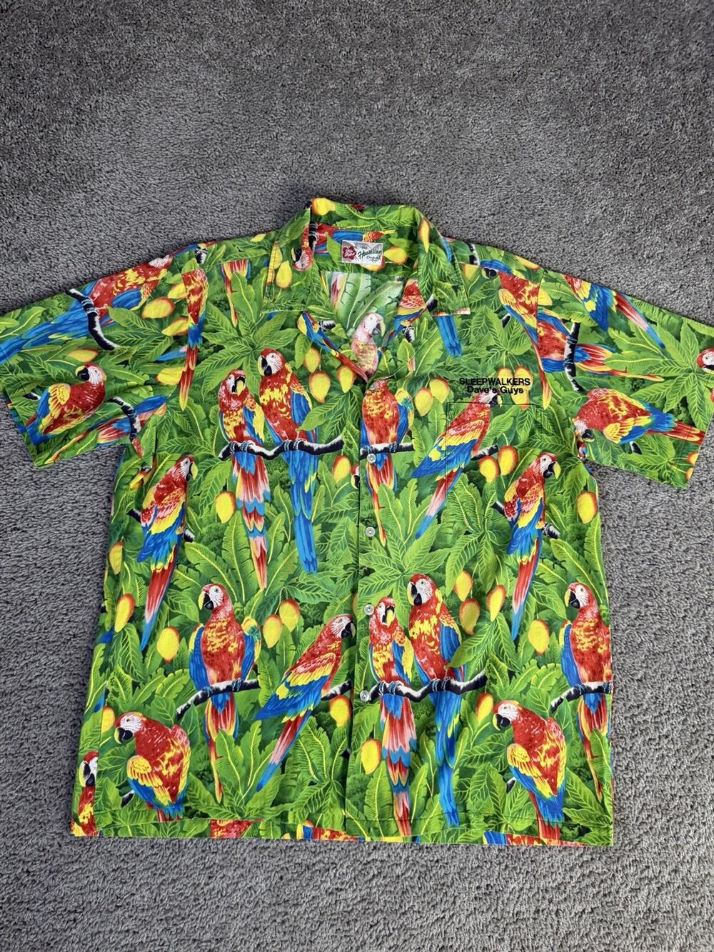 Hilo Hattie Shirt Mens XL Green Parrot Tropical Hawaiian Cotton Button-Up